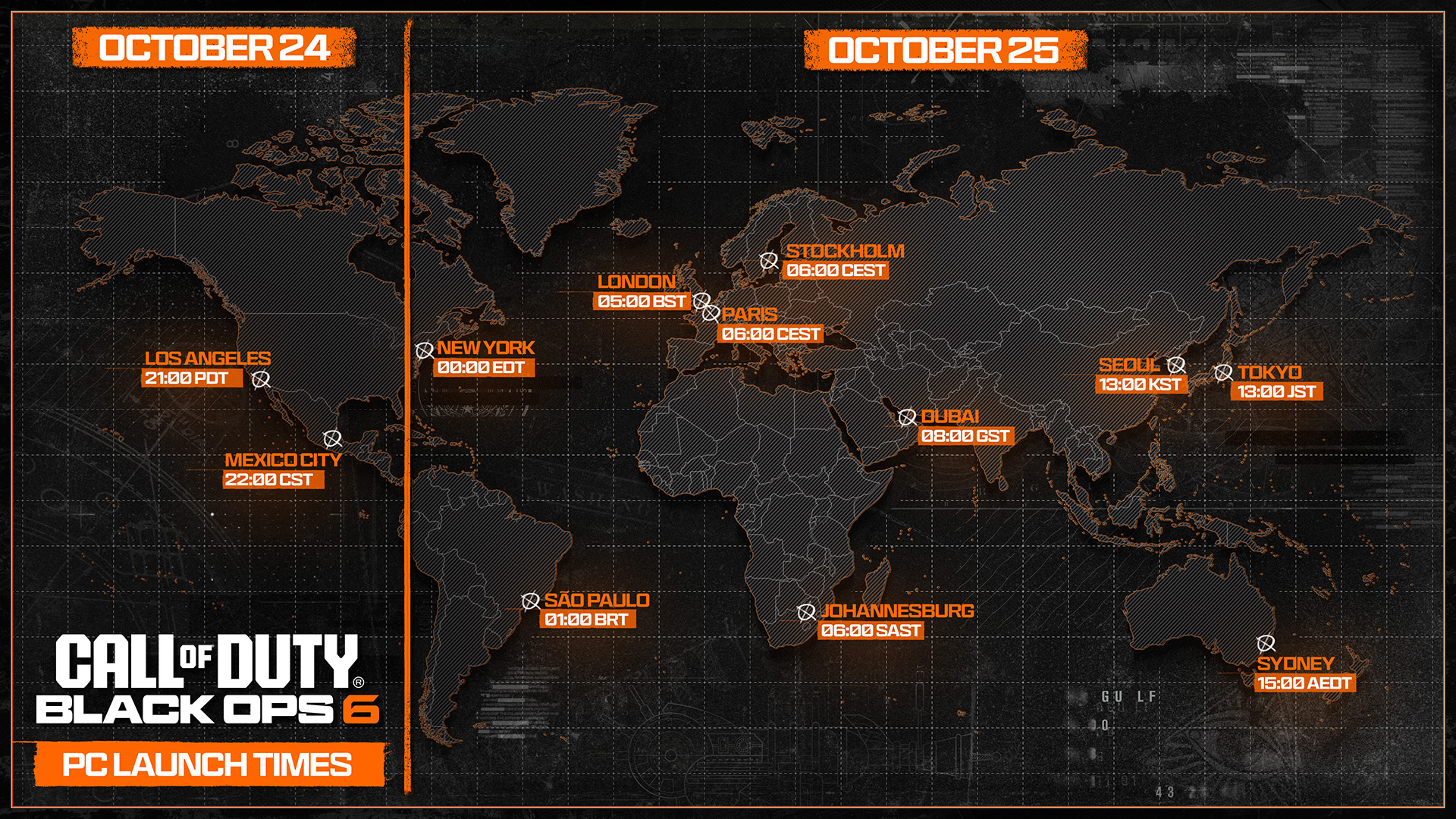 Dünya haritasında gösterilen ve saat dilimlerine ayrılmış Black Ops 6'nın lansman zamanlarını gösteren bir infografik