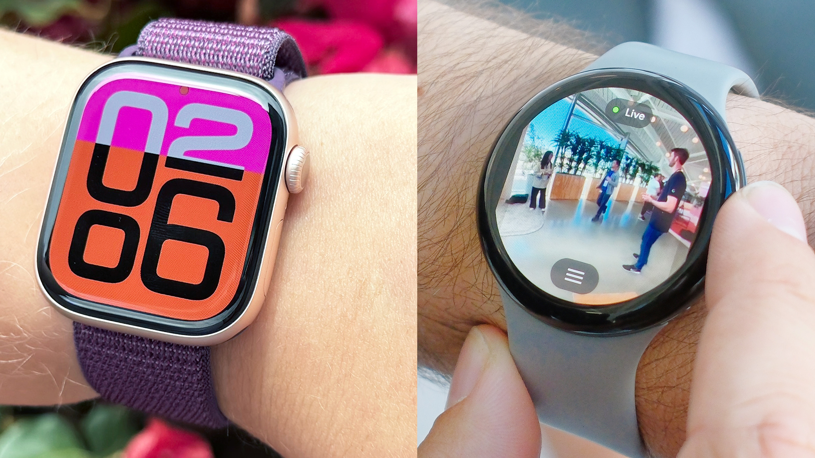 Kullanıcının bileğinde Google Pixel Watch 3'ün yanında Apple Watch 10'un yakın çekimleri