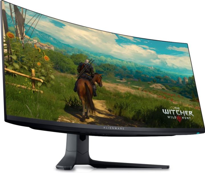 Witcher 3 oynayan kavisli Alienware oyun monitörü.