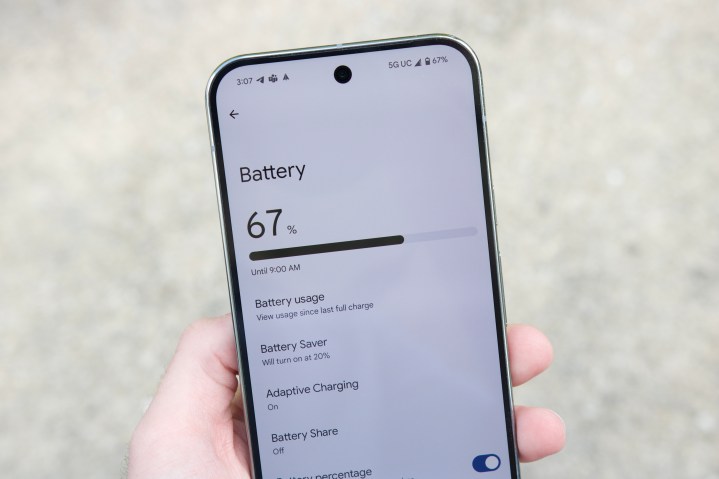 Google Pixel 9 Pro XL'deki pil sayfası.