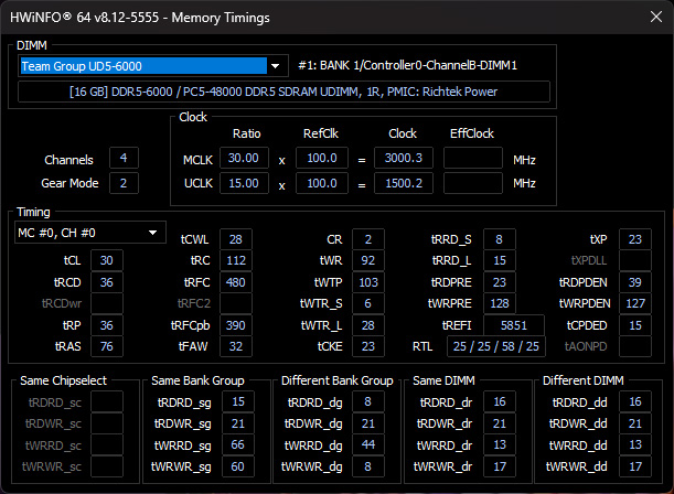 HWInfo'da Teamgroup T-Force Delta RGB DDR5 RAM algılandı