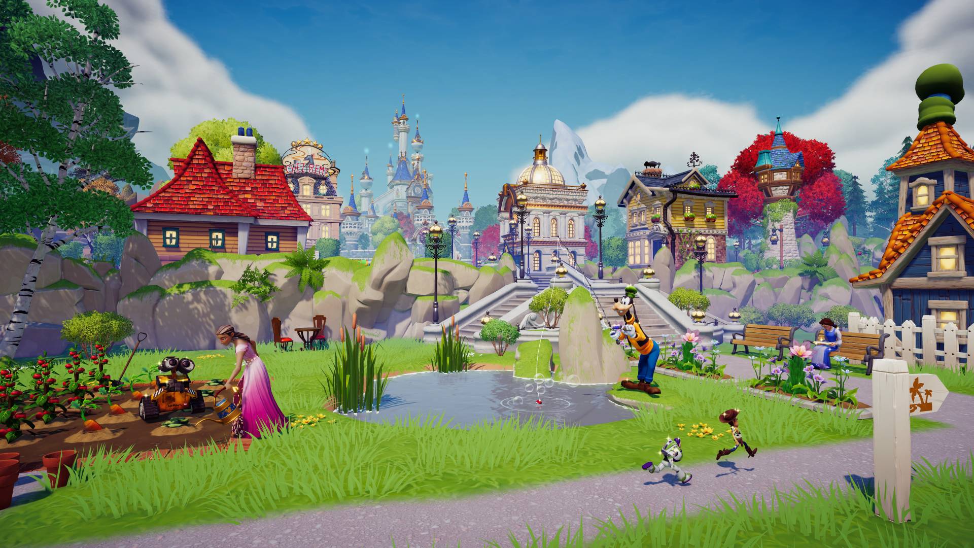 Disney Dreamlight Valley'deki bir kasabanın görüntüsü; Goofy, peri masallarından ilham alan bir kaleye giden köprünün yanında duruyor