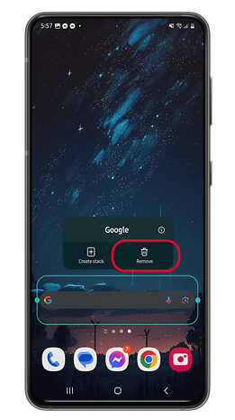 Yıldız şeklinde bir arka plana ve yığın oluşturma veya kaldırma seçeneklerine sahip bir Google widget'ına sahip Android telefon ekranı.