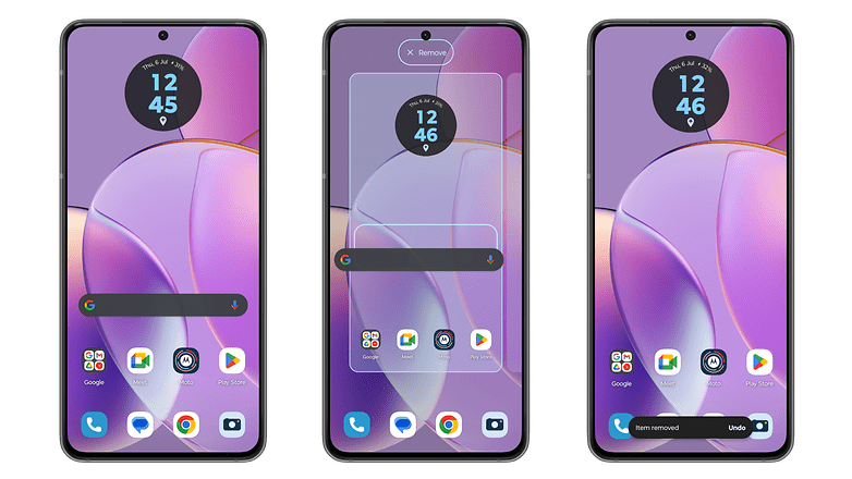Ekran görüntüleri MotoUX'ta Google arama çubuğunun nasıl kaldırılacağını gösteriyor