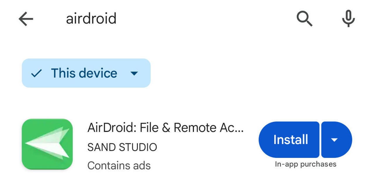 Google Play Store'daki AirDroid girişi.