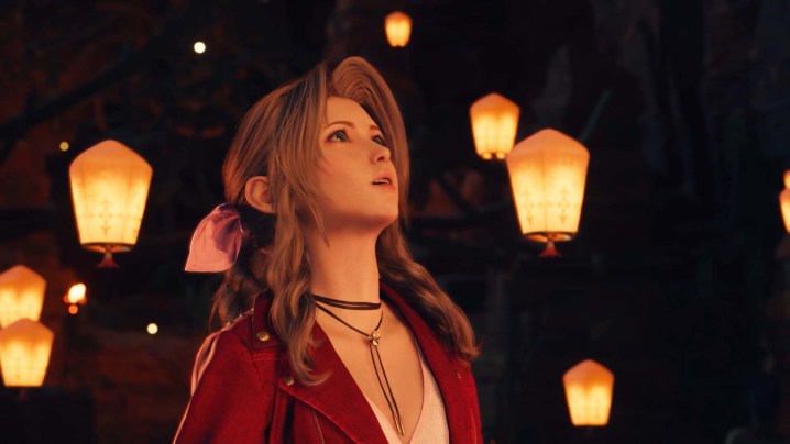 Aerith, Final Fantasy VII Rebirth'te yüzen fenerlere bakıyor.