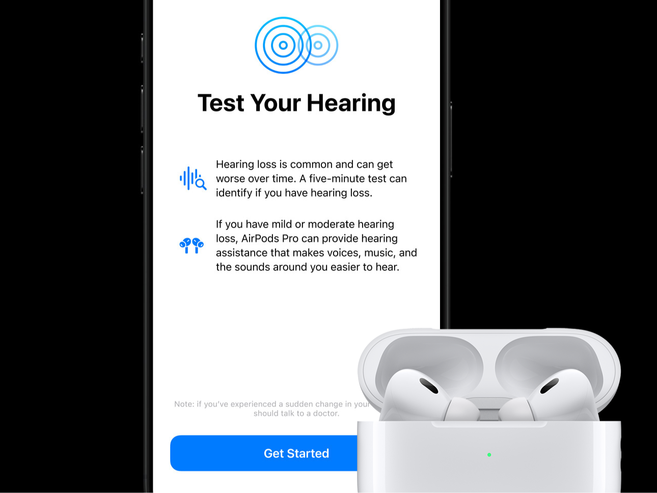 İşitme testi istemini ve bir çift AirPods Pro'yu gösteren iPhone ekranı.