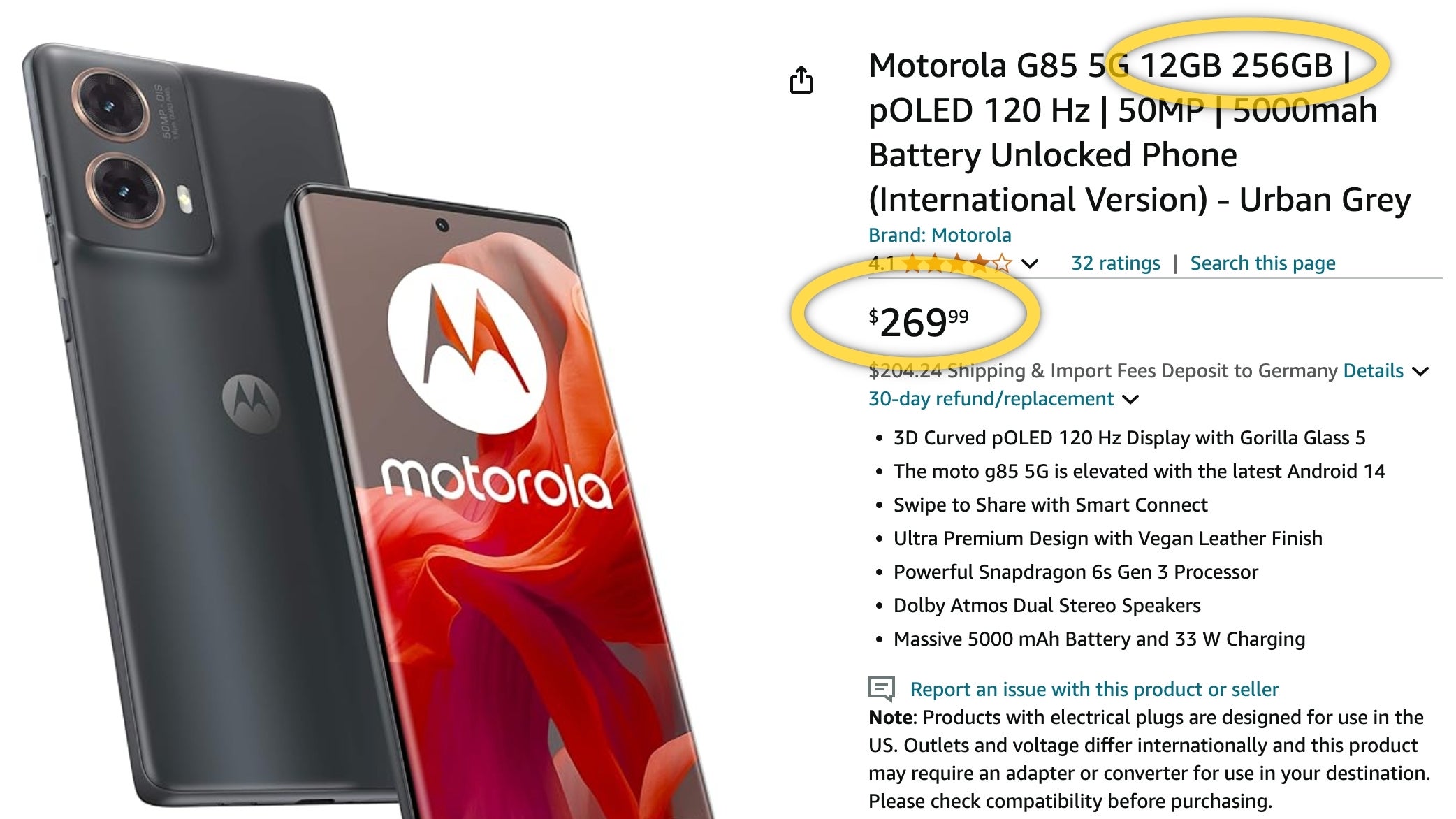 Moto G85 Amazon listesi.