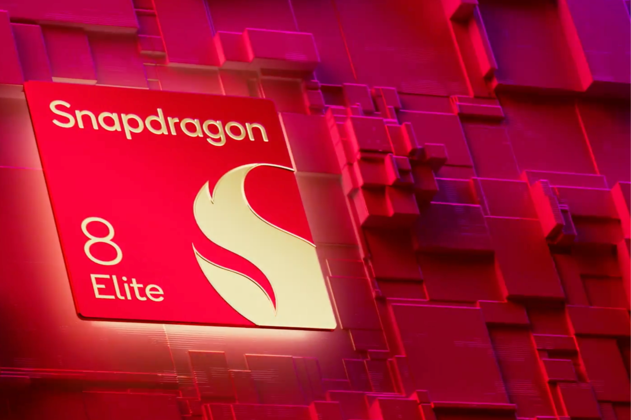   Kırmızı bir arka plana ve stilize bir alev sembolüne sahip Snapdragon 8 Elite logosu.