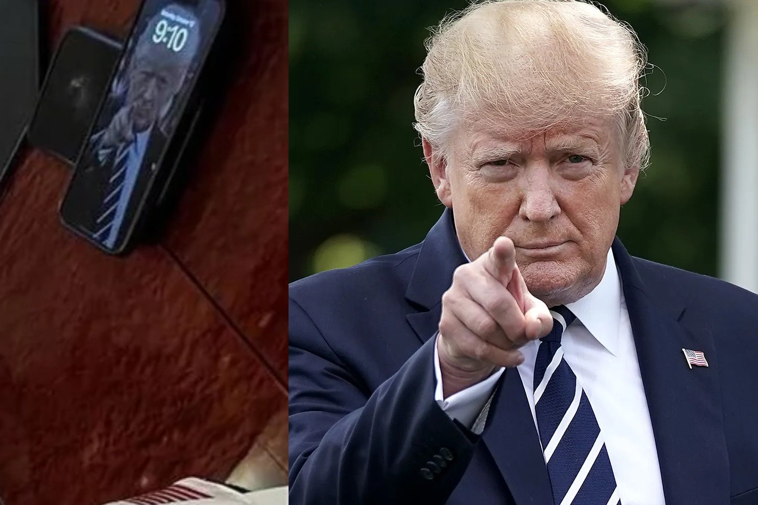 Trump'ın iPhone duvar kağıdını (solda) gösteren bir fotoğrafın ve Donald Trump'ın 19 Temmuz 2019'da Washington DC'den ayrılmadan önce Beyaz Saray'dan çıktığı, Trump'ın bir bağış toplama yemeği düzenlemek ve hafta sonunu geçirmek için New Jersey'e gittiği bir fotoğrafın ekran görüntüsü Bedminster'daki Trump Ulusal Golf Kulübü'nde (sağda)