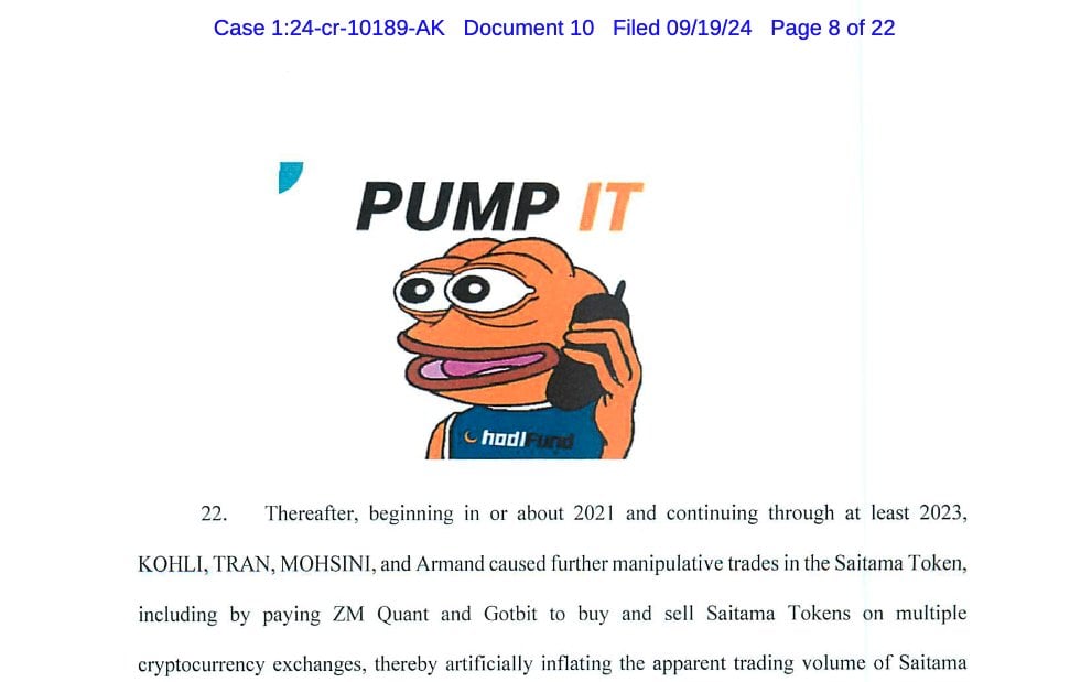 9 Ekim 2024'te açıklanan kripto dolandırıcılık iddianamesinin Pepe'yi gösteren ekran görüntüsü "Pompala" mem.