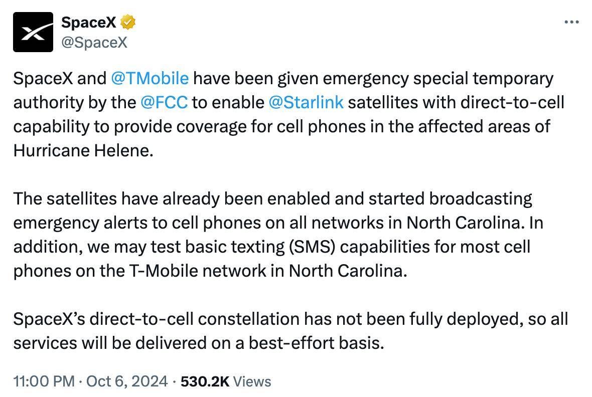 SpaceX Starlink T-Mobile Helene