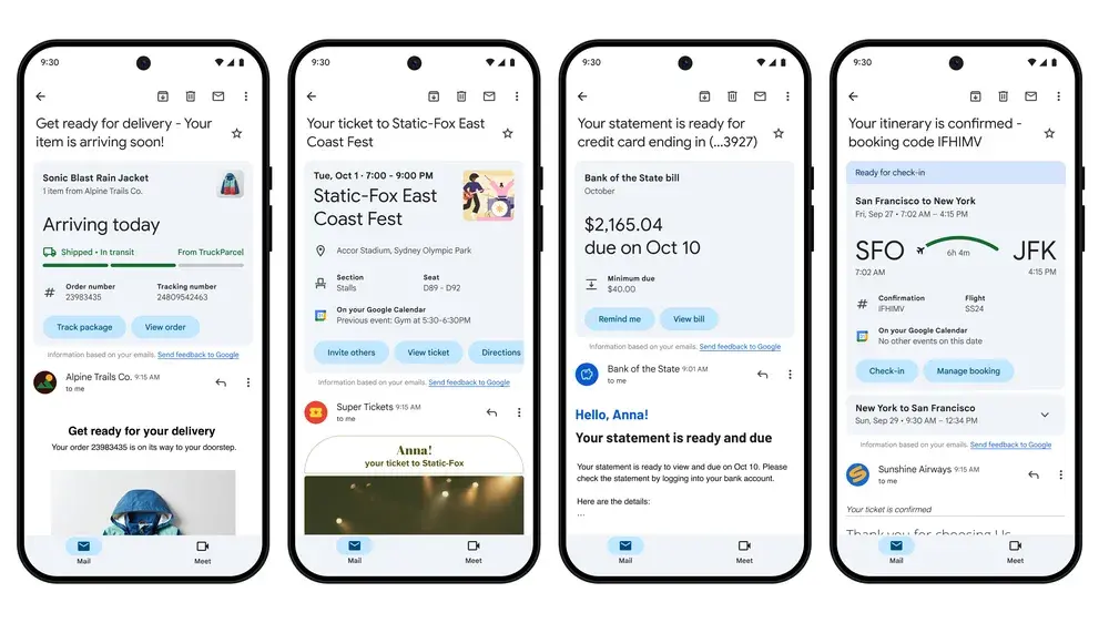Gmail'deki Özet Kartları'nın ekran görüntüleri