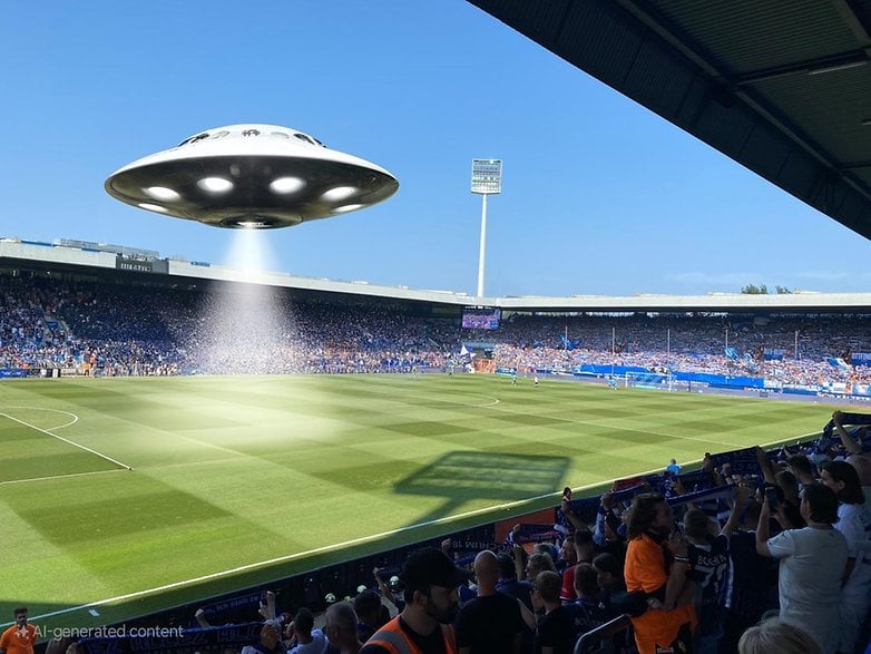 Bochum futbol stadyumunda yapay zeka tarafından üretilen UFO