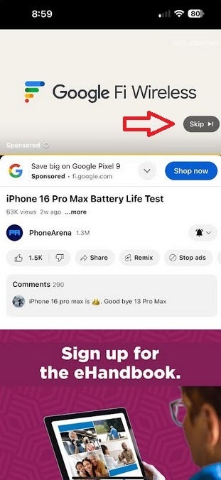 iOS YouTube uygulamasında Atla düğmesini gösteren ekran görüntüsü.