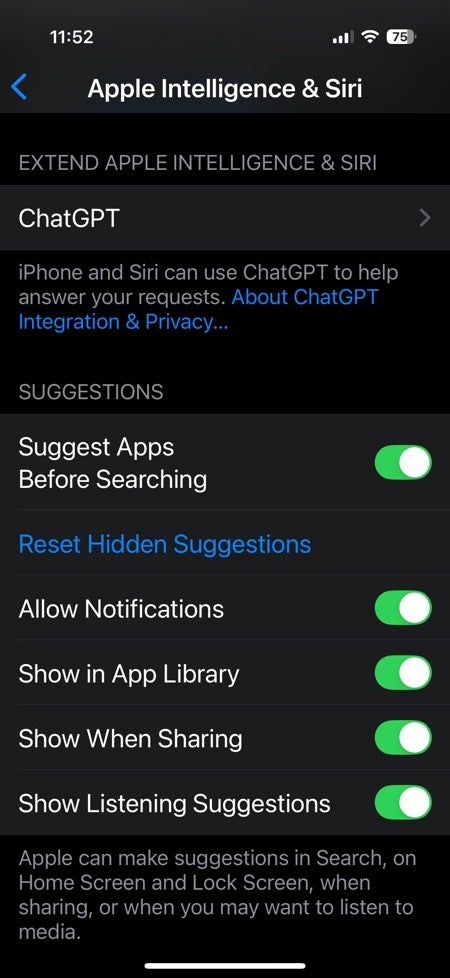 ChatGPT entegrasyonuna sahip iOS Apple Intelligence ayarlar panelinin ekran görüntüsü