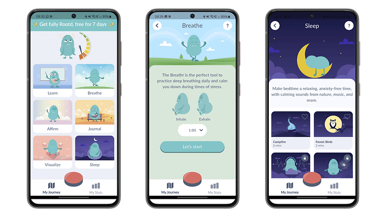 Rootd uygulamasının işlevlerini gösteren üç akıllı telefon ekranı: rahatlatıcı resimlerle öğrenme, nefes alma ve uyku.