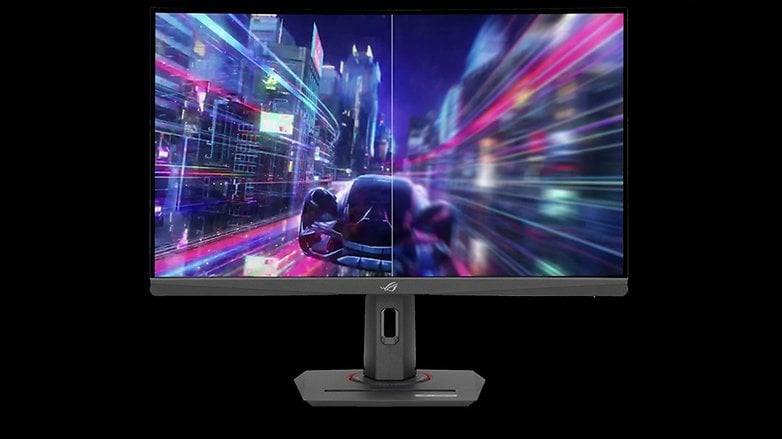 Hareket efektleriyle canlı bir şehir manzarası sergileyen Asus ROG Strix XG27WCS oyun monitörü.