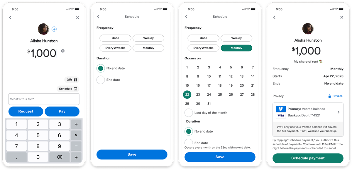 Venmo uygulamasının tek seferlik veya yinelenen ödemeleri planlamanın yeni yeteneğini gösteren birden fazla ekran görüntüsü.