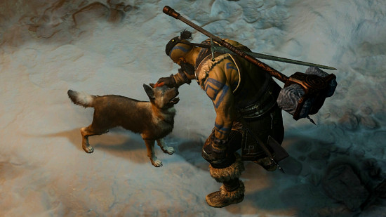 Diablo 4 Vessel of Nefret – Bir barbar bir köpeği evcilleştiriyor.