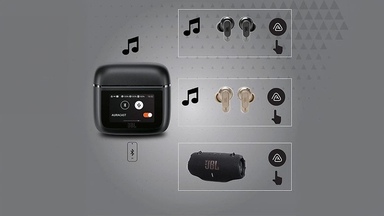 JBL Tour Pro 3 kulaklıklar, şarj kutusu ve Bluetooth simgesi ve müzik notaları dahil Auracast işleviyle birlikte.