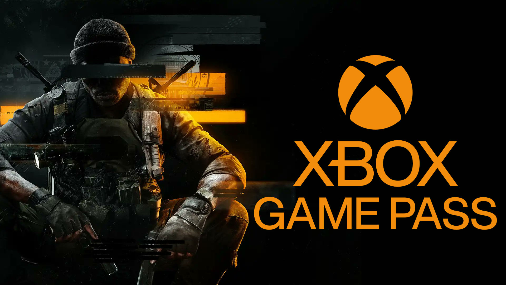 Call of Duty: Black Ops 6'nın turuncu Xbox Game Pass logolu, gölgedeki askerin ana resmi.