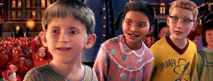 The Polar Express'te üç çocuk şaşırmış görünüyor.