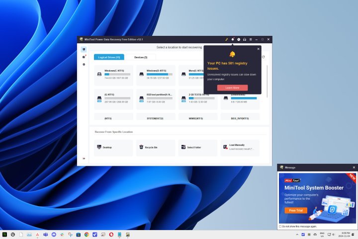 MiniTool, Power Data Recovery'nin ücretsiz sürümünü kullanırken diğer yardımcı programların reklamlarını gösterir.