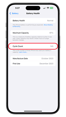 iPhone pil sağlığı %97 maksimum kapasiteyi ve 145 döngüyü gösterir.