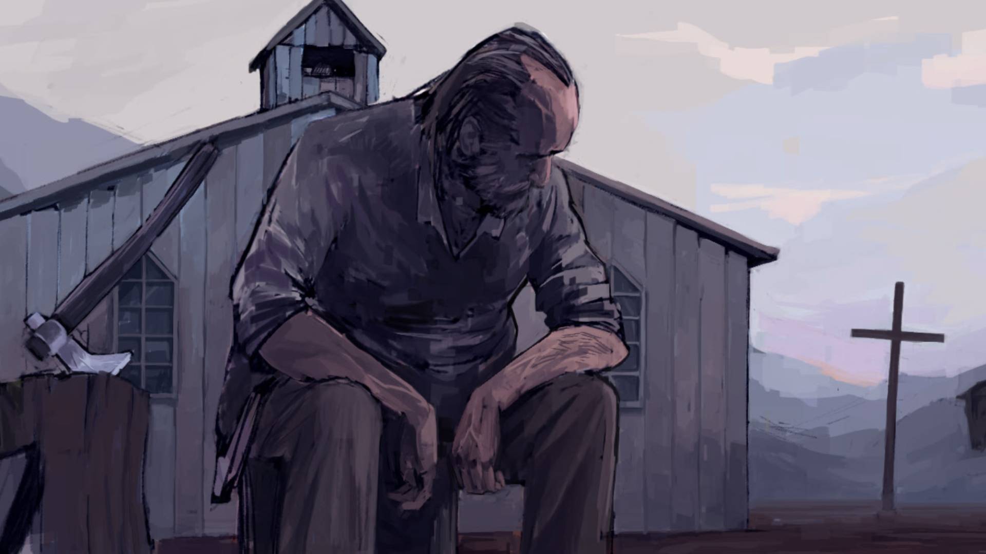 yalan-of-p-yayıncı-yeni-noir-batı-oyunu-kırmızı-dead-redemption Kirli eski kıyafetler giyen bir adam omzunun üzerinden soyulmakta olan bir ahıra bakıyor