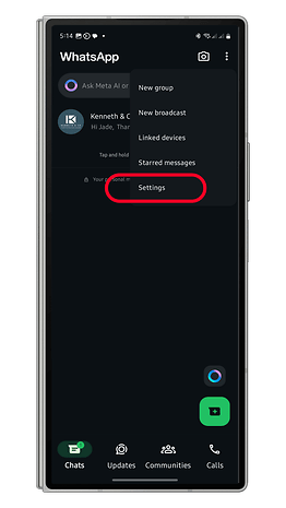 'Ayarlar' dahil sohbet seçeneklerine sahip WhatsApp arayüzü.