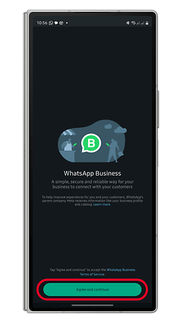 'Kabul Et ve Devam Et' düğmesinin bulunduğu WhatsApp Business karşılama ekranı.