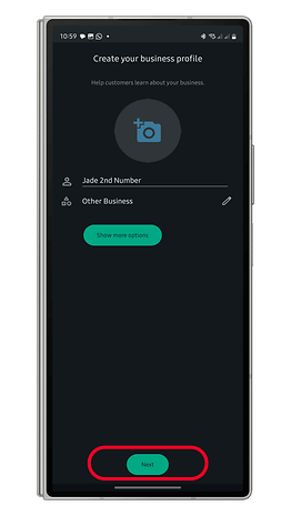 Numara ve işletme türü ekleme seçeneklerinin bulunduğu WhatsApp Business profili oluşturma ekranı.