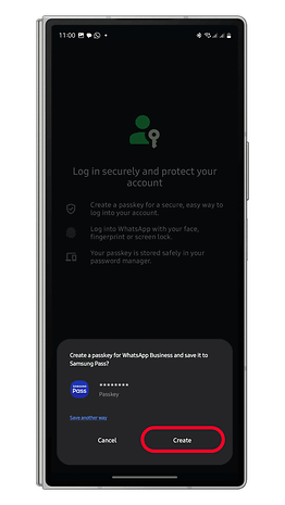 WhatsApp Business giriş sayfası, bir şifre anahtarı oluşturup bunu Samsung Pass'e kaydetmenizi istiyor.