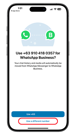 Telefon numarasının ve devam etme veya numarayı değiştirme seçeneklerinin yer aldığı WhatsApp Business kurulum ekranı.