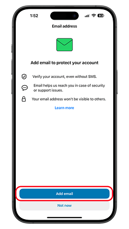 Ekranda 'E-posta Ekle' düğmesiyle WhatsApp Business için e-posta doğrulama isteği gösteriliyor.