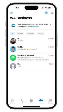 WhatsApp Business arayüzünde kişi listesi gösteriliyor ve profil fotoğrafının iyileştirilmesi isteniyor.