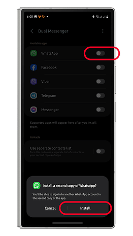 WhatsApp'ın ikinci bir kopyasını yükleme seçeneklerini gösteren Dual Messenger ayarları ekranı.