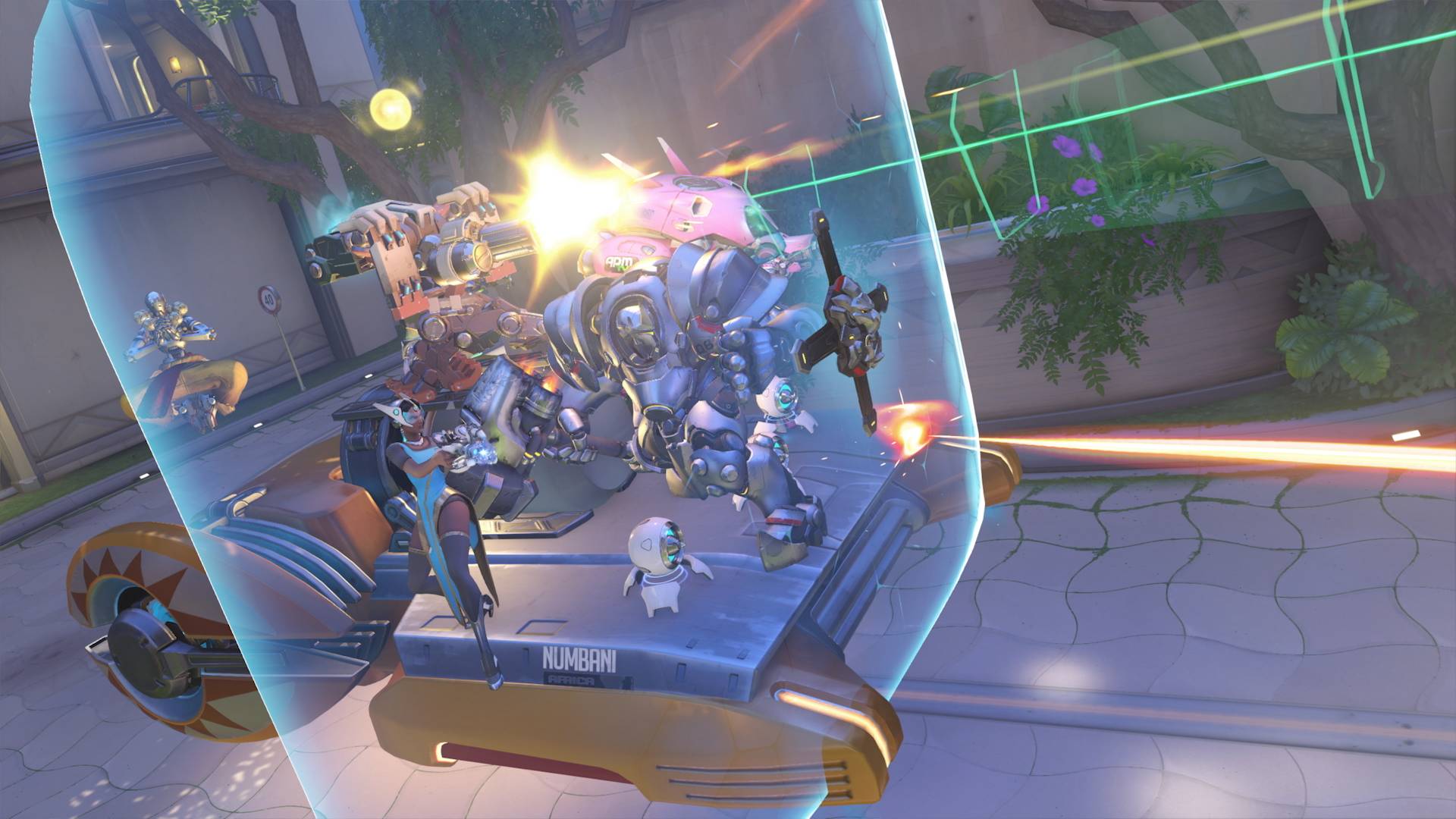 Overwatch Classic geliyor, ancak yalnızca sınırlı bir süre için: Numbani'de bir kalkanın arkasındaki Overwatch karakterlerinin görüntüsü