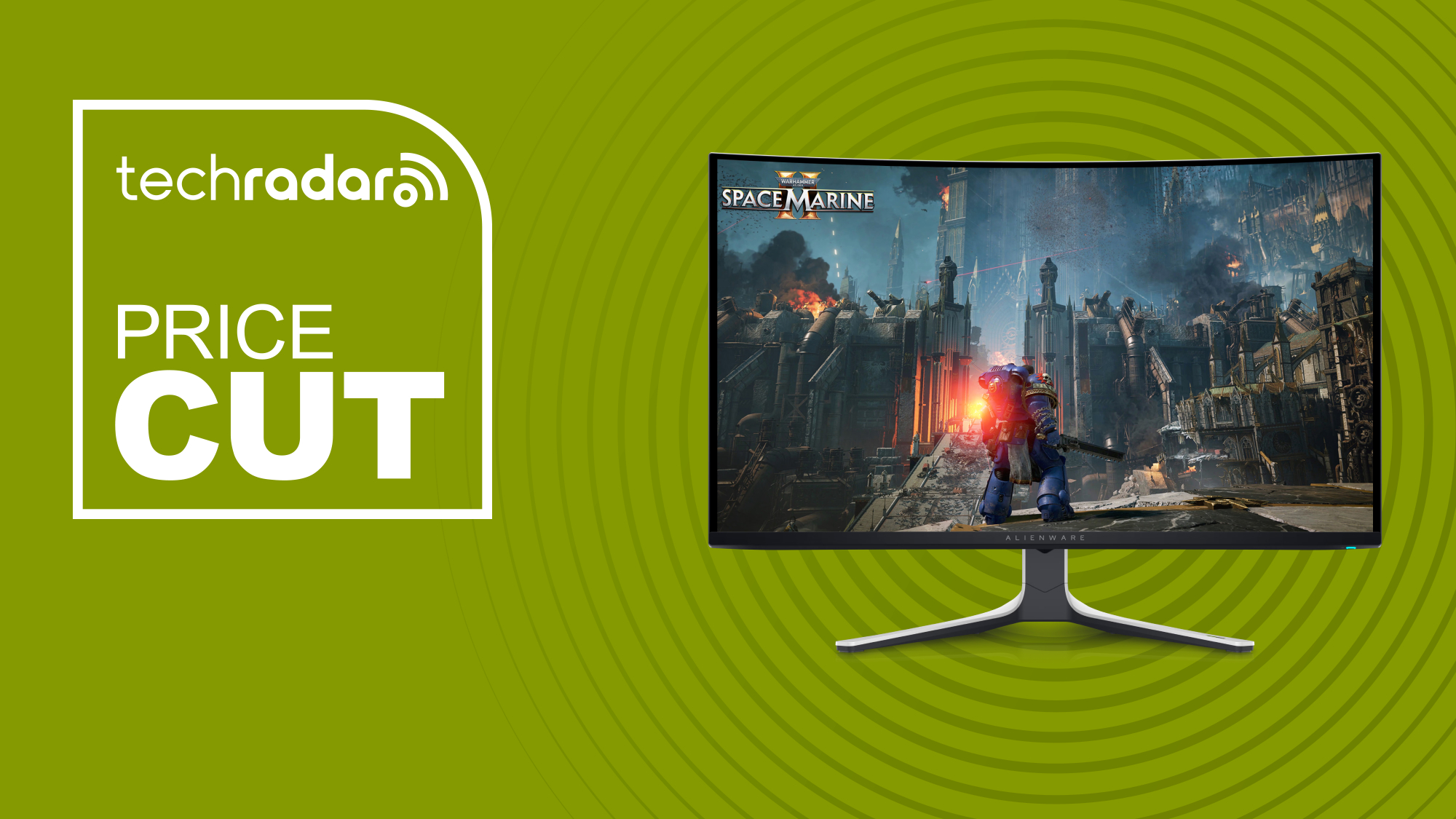 Yeşil arka planda beyaz fiyat indirimi metni bulunan Alienware AW3225QF 4K QD-OLED monitör