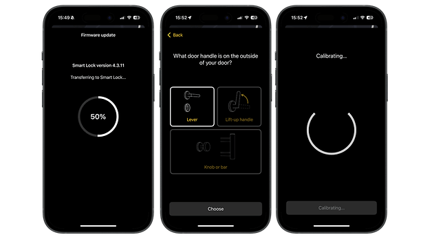 Üç akıllı telefon ekranı Nuki Smart Lock Pro ayarlarını ve cihaz yazılımı güncellemesinin ilerlemesini gösterir.