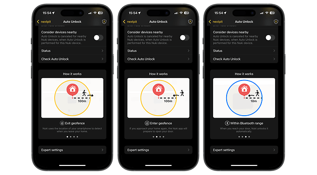 Üç akıllı telefon ekranı, Nuki Smart Lock Pro'nun otomatik kilit açma ayarlarını gösteriyor.