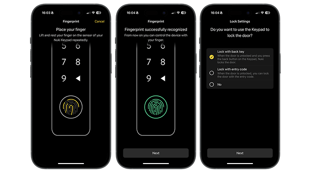 Parmak izi tanıma ve tuş kilidi seçeneklerine sahip Nuki Smart Lock Pro kurulum ekranları.