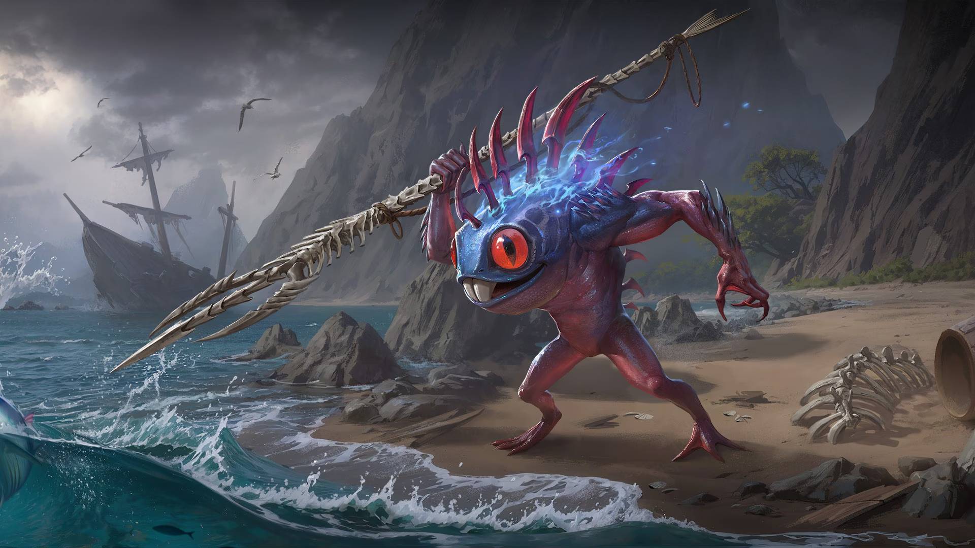 World of Warcraft'tan bir murloc, elinde kemikten bir mızrak fırlatarak enkaz halindeki bir geminin önündeki kumsalda duruyor