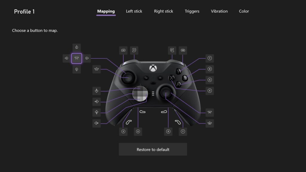 Xbox aksesuarları uygulamasından, Xbox kumandasındaki ayarları değiştirme yeteneğini gösteren ekran görüntüleri