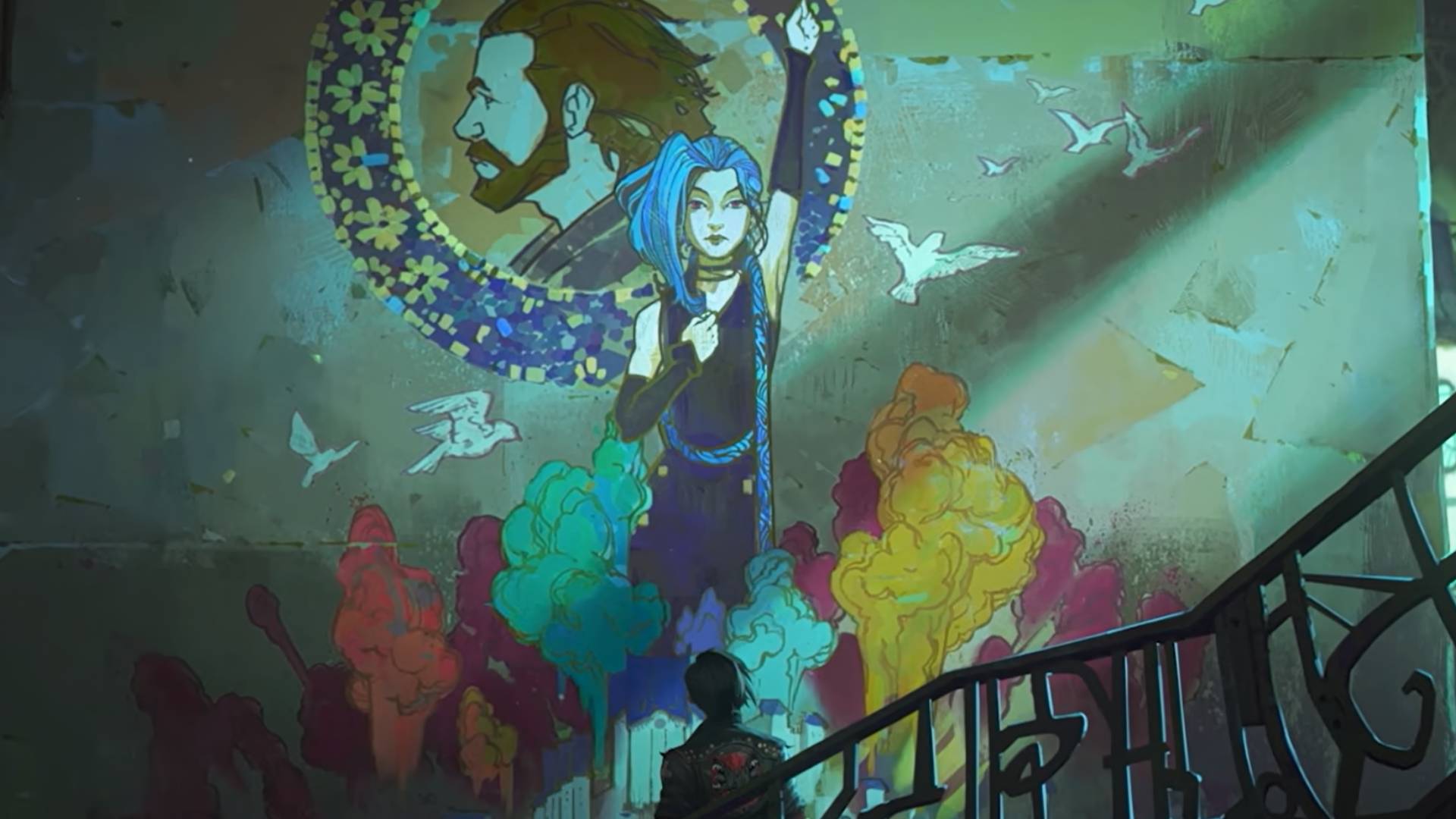 gizemli-sezon-2-inceleme-act-2-league-of-legends-lol-netflix-spinoff Güvercinler ve renkli dumanlarla çevrili bir duvara boyanmış Arcane'den Jinx'in resmi, Vi merdivenlerden ona bakarken