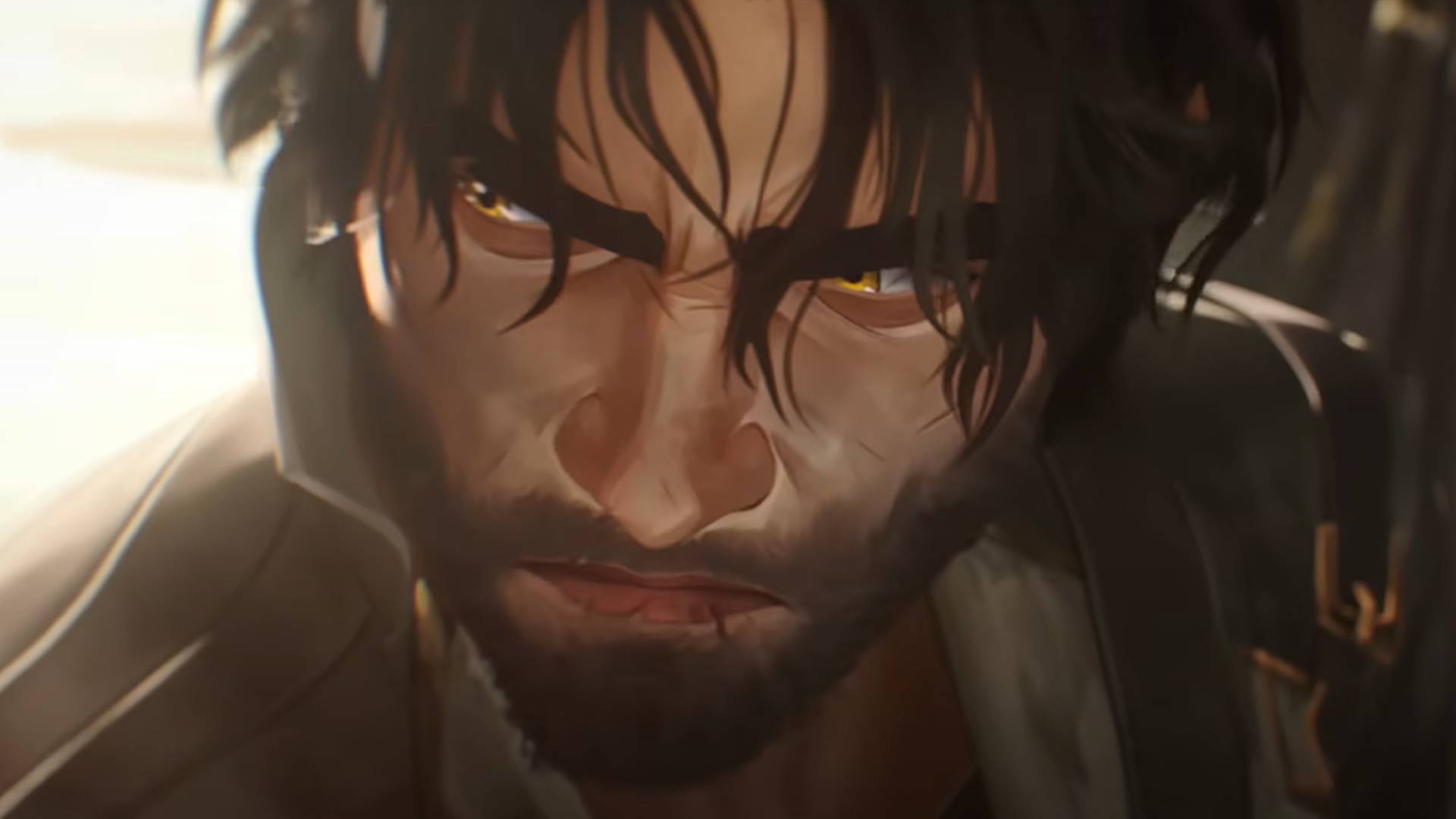 gizemli-sezon-2-inceleme-act-2-league-of-legends-lol-spinoff Arcane'den sakallı ve dağınık saçlı Jayce omzunun üzerinden yüzünü buruşturarak bakıyor