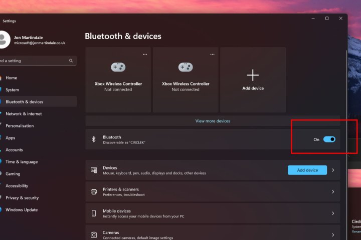 Windows 11 bluetooth ayarları menüsü.