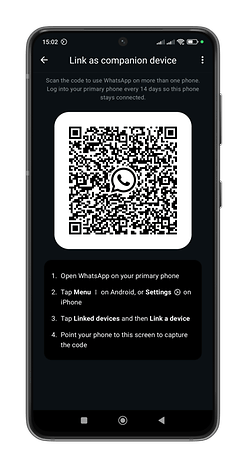 QR kodu ve talimatların yer aldığı WhatsApp tamamlayıcı cihaz kurulum ekranı.