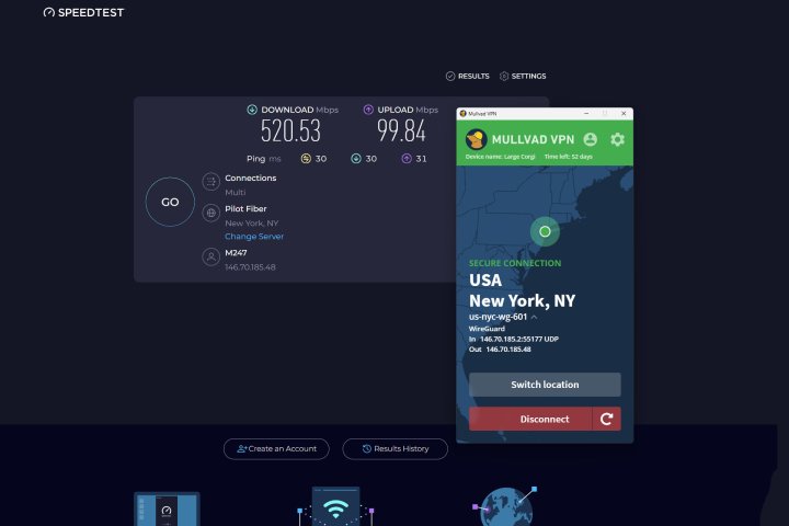 Yakındaki bir Mullvad VPN sunucusuyla iyi yükleme ve indirme hızlarından keyif aldım.